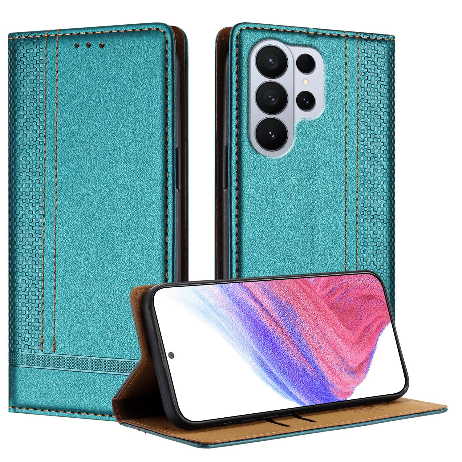For-Samsung-Galaxy-S26-Ultra-Case-L-Shaped-Grid-Pattern-Leather-Stand-Phone-Cover-with-Card-Slots-Green