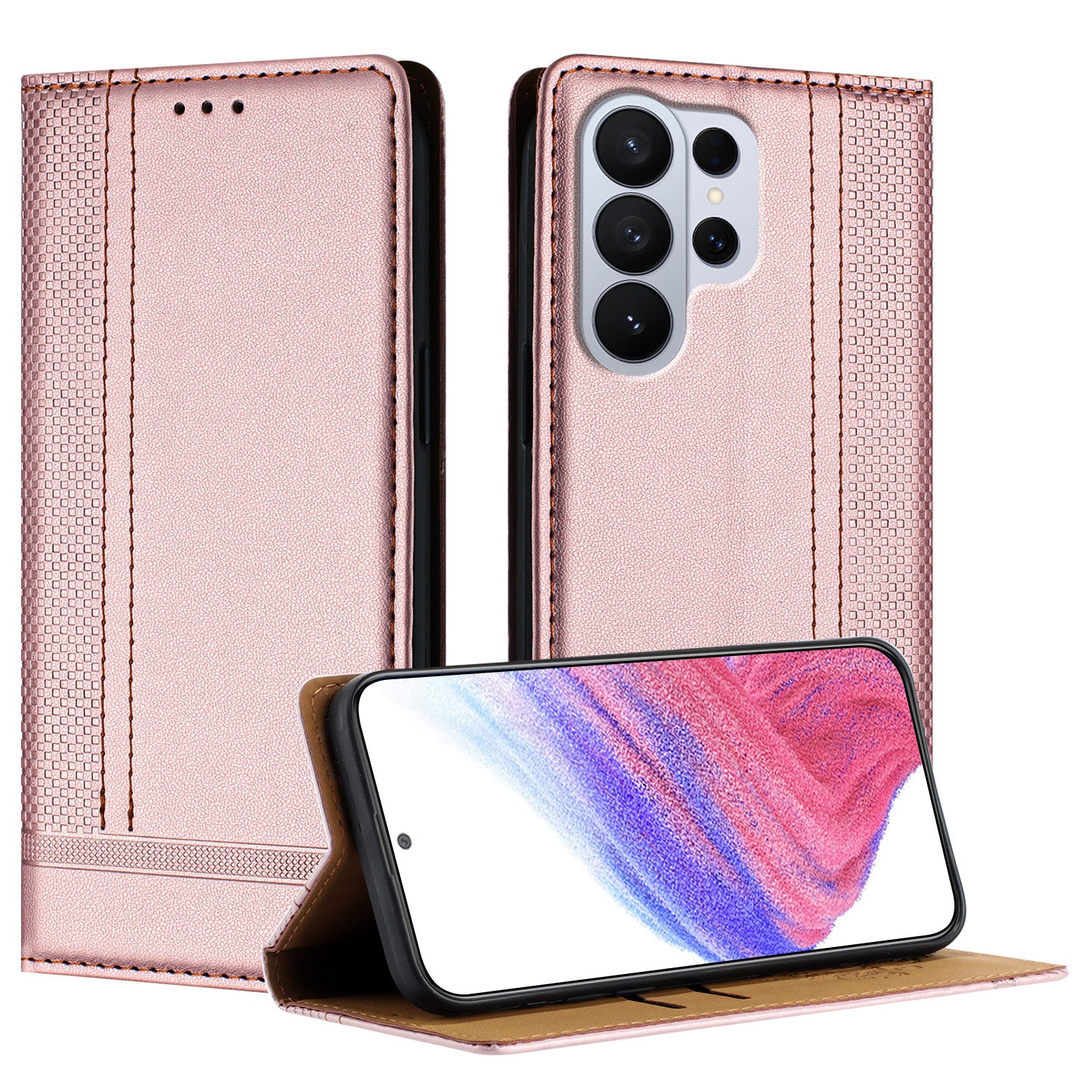 For-Samsung-Galaxy-S26-Ultra-Case-L-Shaped-Grid-Pattern-Leather-Stand-Phone-Cover-with-Card-Slots-Rose-Gold