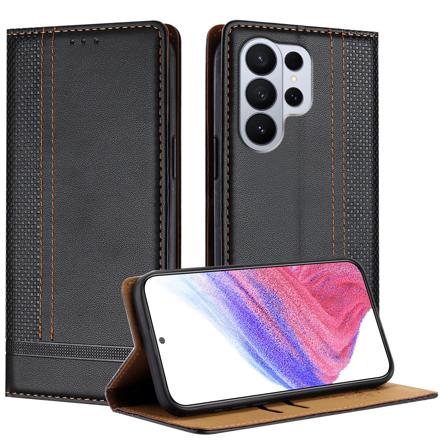For-Samsung-Galaxy-S26-Ultra-Case-L-Shaped-Grid-Pattern-Leather-Stand-Phone-Cover-with-Card-Slots-Black