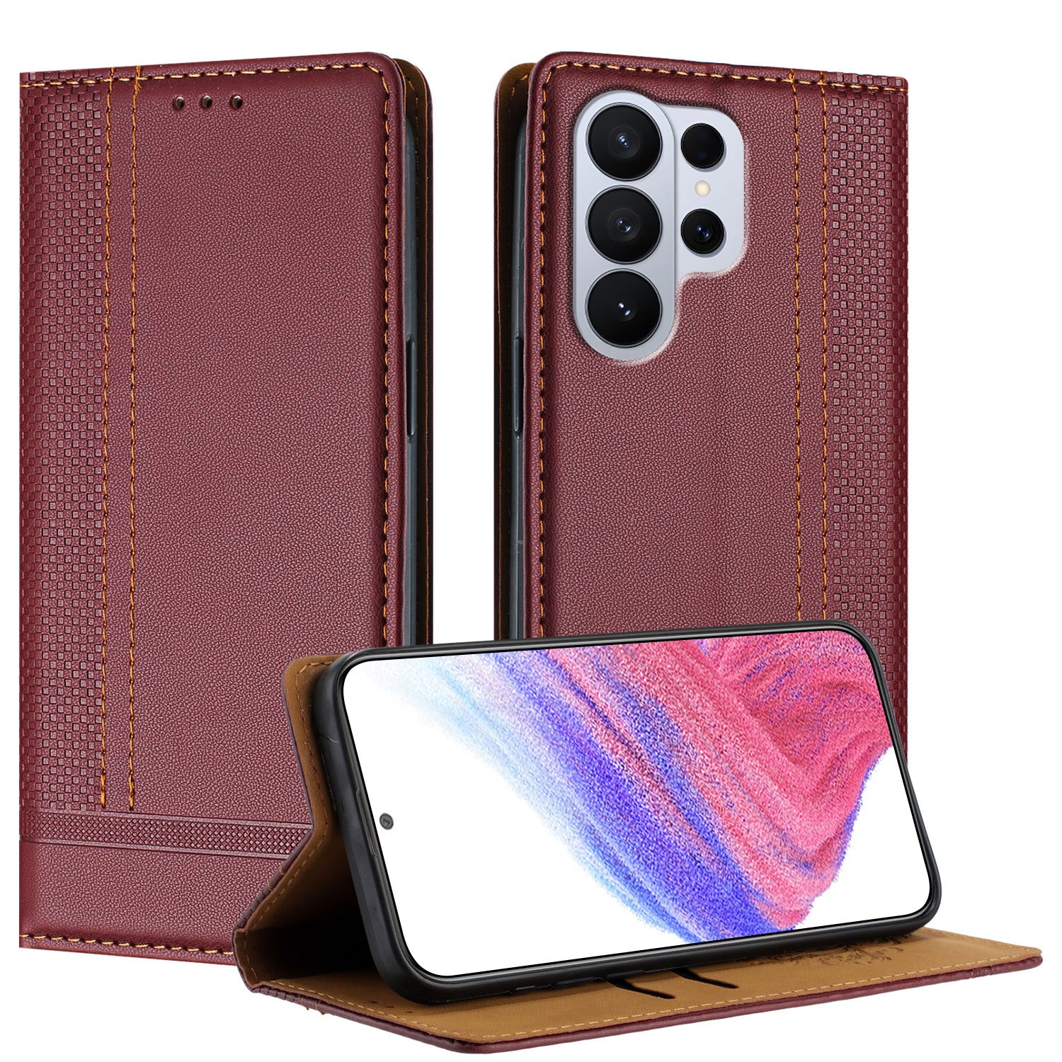 For-Samsung-Galaxy-S26-Ultra-Case-L-Shaped-Grid-Pattern-Leather-Stand-Phone-Cover-with-Card-Slots-Wine-Red