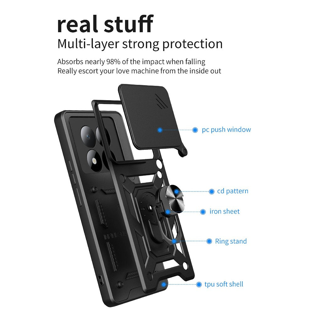 For Xiaomi Redmi Note 15 Pro 5G (Global) Case with Slide Camera Lid PC + TPU Kickstand Phone Cover - Black