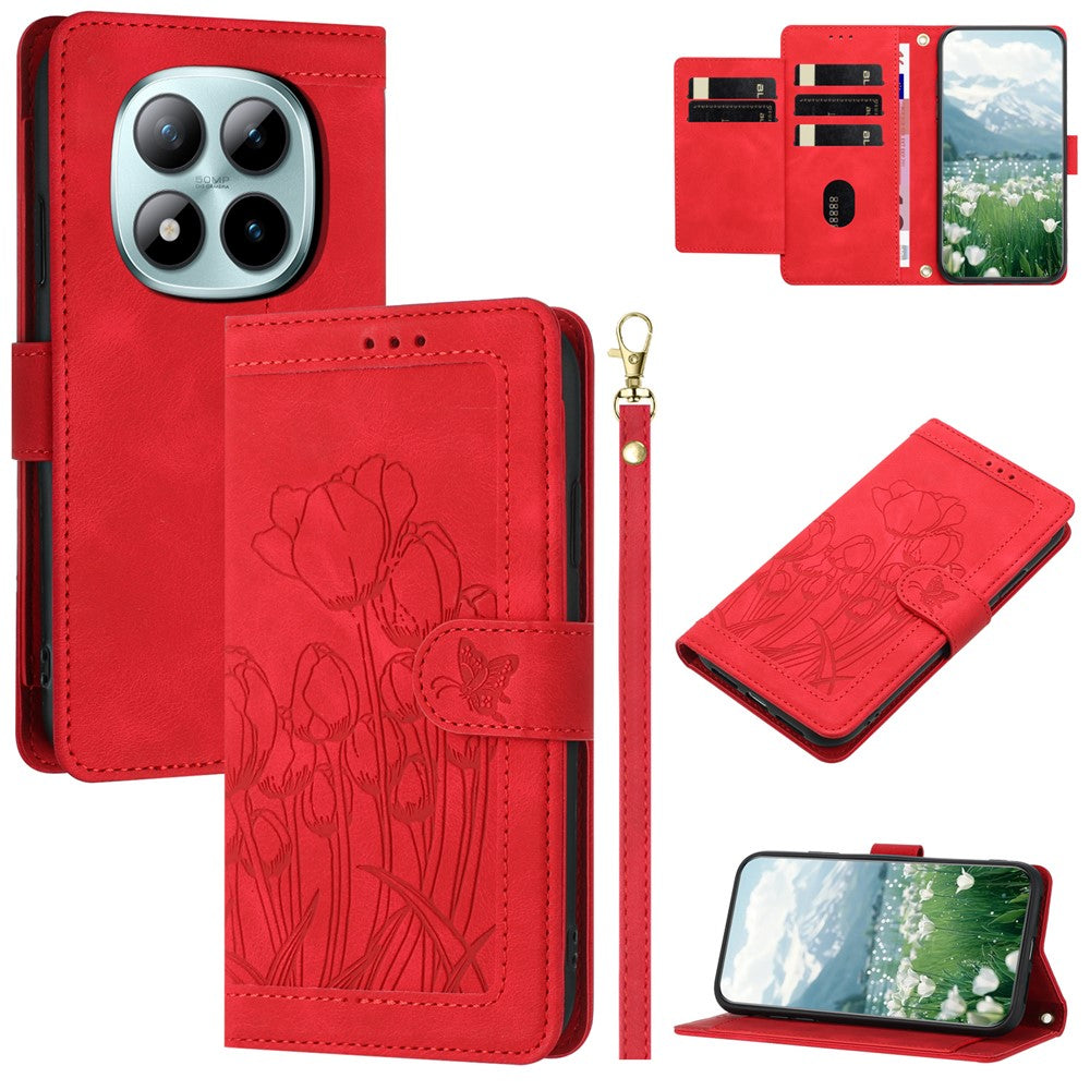 For Xiaomi Poco M8 Pro 5G / Redmi Note 15 Pro+ 5G (Global) Case Tulip Leather Phone Cover with 5 Card Slots Wallet - Red
