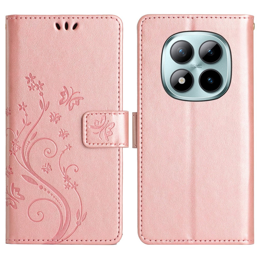 For Xiaomi Redmi Note 15 Pro 5G (Global) Leather Wallet Case Butterfly Flower Imprinted Phone Cover with Strap - Rose Gold