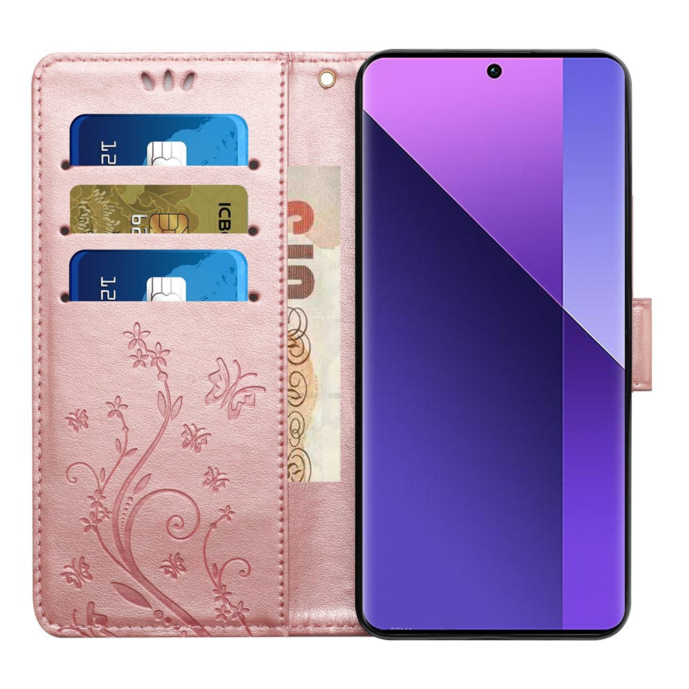For Xiaomi Redmi Note 15 Pro 5G (Global) Leather Wallet Case Butterfly Flower Imprinted Phone Cover with Strap - Rose Gold