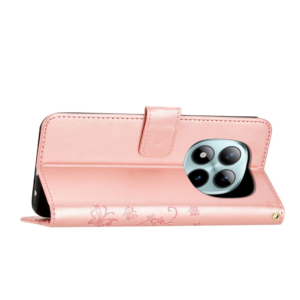 For Xiaomi Redmi Note 15 Pro 5G (Global) Leather Wallet Case Butterfly Flower Imprinted Phone Cover with Strap - Rose Gold