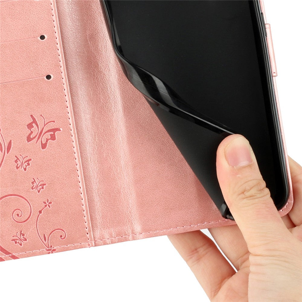 For Xiaomi Redmi Note 15 Pro 5G (Global) Leather Wallet Case Butterfly Flower Imprinted Phone Cover with Strap - Rose Gold