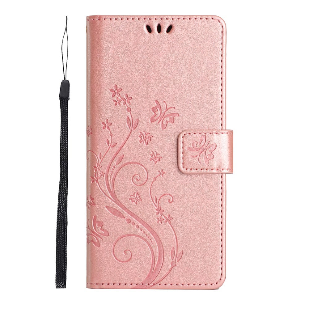 For Xiaomi Redmi Note 15 Pro 5G (Global) Leather Wallet Case Butterfly Flower Imprinted Phone Cover with Strap - Rose Gold