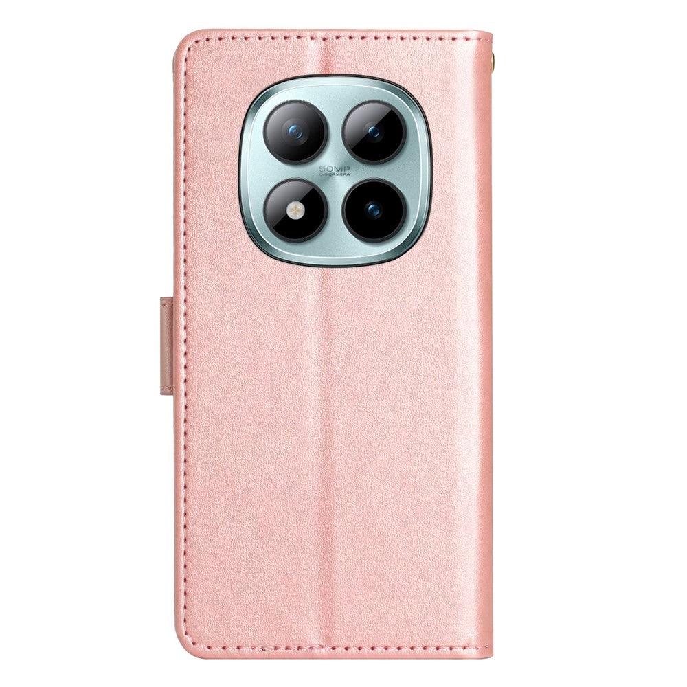 For Xiaomi Redmi Note 15 Pro 5G (Global) Leather Wallet Case Butterfly Flower Imprinted Phone Cover with Strap - Rose Gold