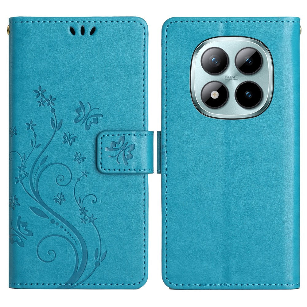 For Xiaomi Redmi Note 15 Pro 5G (Global) Leather Wallet Case Butterfly Flower Imprinted Phone Cover with Strap - Blue