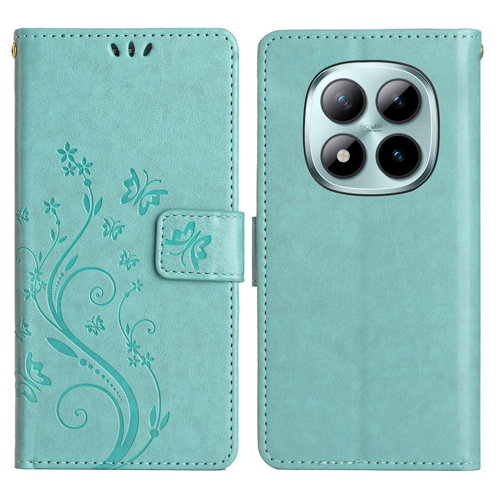 For Xiaomi Redmi Note 15 Pro 5G (Global) Leather Wallet Case Butterfly Flower Imprinted Phone Cover with Strap - Green