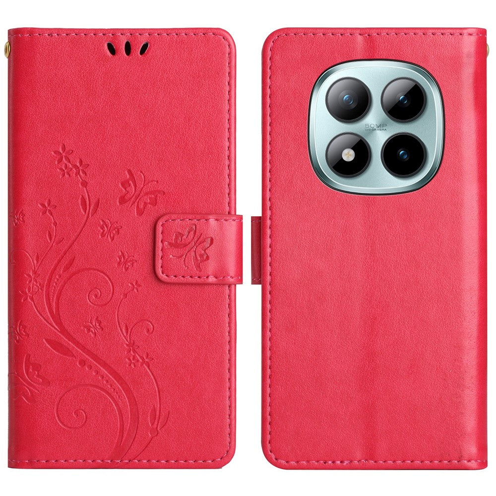For Xiaomi Redmi Note 15 Pro 5G (Global) Leather Wallet Case Butterfly Flower Imprinted Phone Cover with Strap - Red