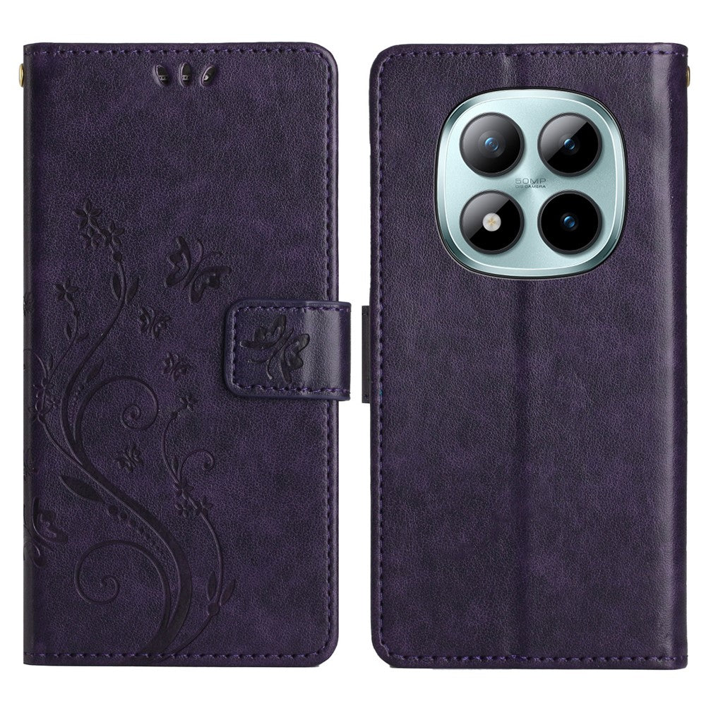 For Xiaomi Redmi Note 15 Pro 5G (Global) Leather Wallet Case Butterfly Flower Imprinted Phone Cover with Strap - Dark Purple
