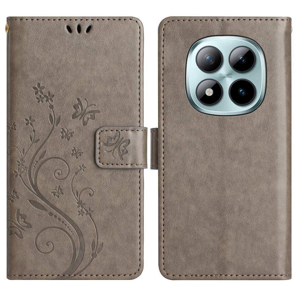 For Xiaomi Redmi Note 15 Pro 5G (Global) Leather Wallet Case Butterfly Flower Imprinted Phone Cover with Strap - Grey