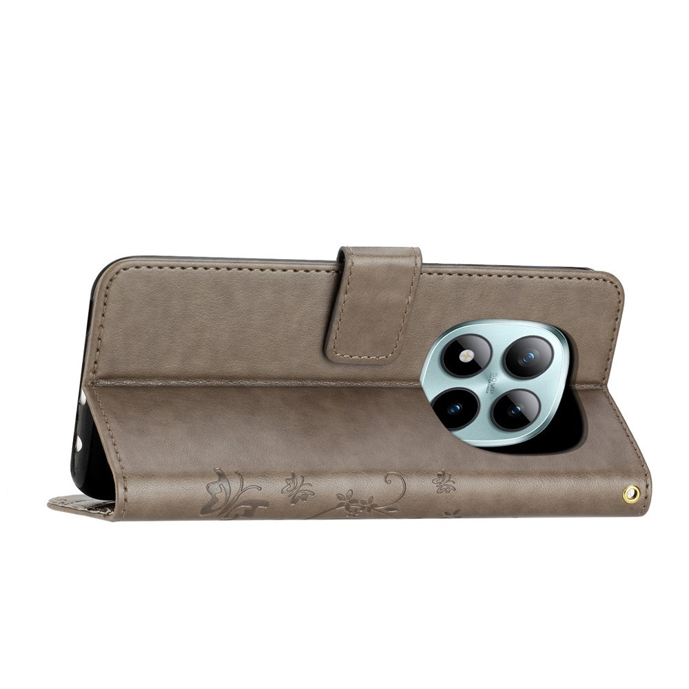 For Xiaomi Redmi Note 15 Pro 5G (Global) Leather Wallet Case Butterfly Flower Imprinted Phone Cover with Strap - Grey