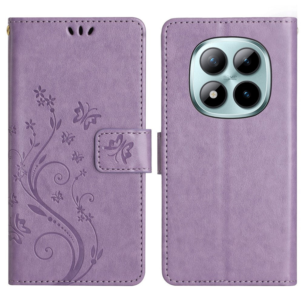 For Xiaomi Redmi Note 15 Pro 5G (Global) Leather Wallet Case Butterfly Flower Imprinted Phone Cover with Strap - Light Purple