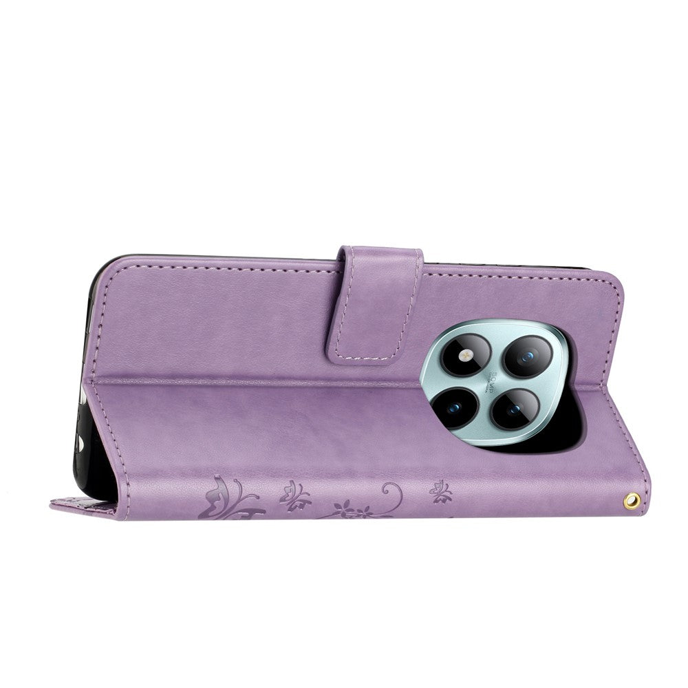 For Xiaomi Redmi Note 15 Pro 5G (Global) Leather Wallet Case Butterfly Flower Imprinted Phone Cover with Strap - Light Purple