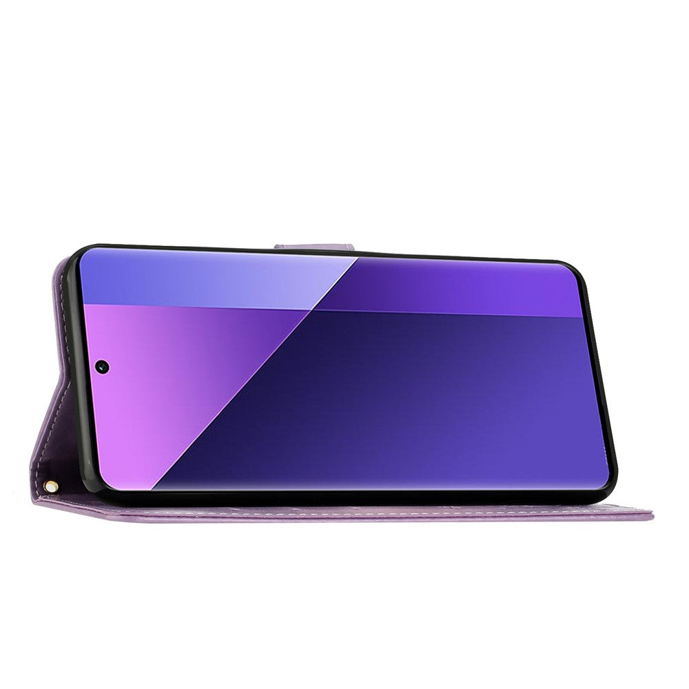 For Xiaomi Redmi Note 15 Pro 5G (Global) Leather Wallet Case Butterfly Flower Imprinted Phone Cover with Strap - Light Purple