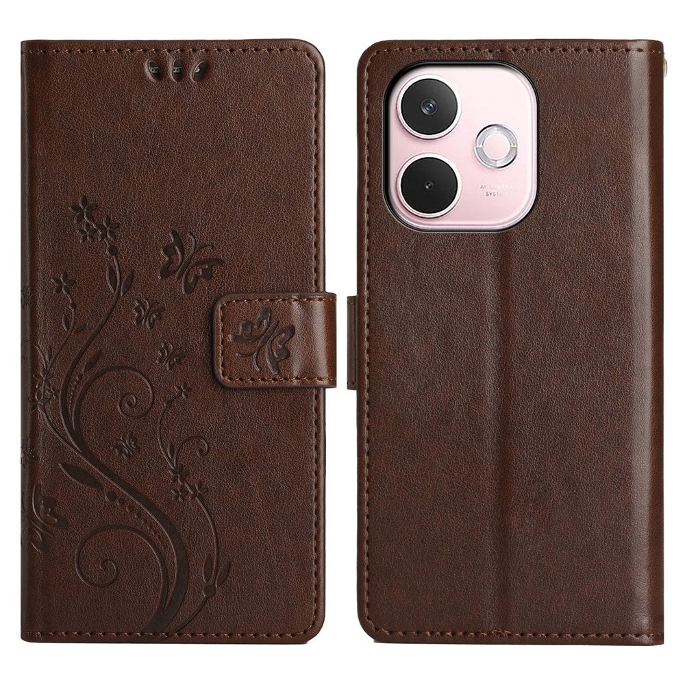 For Xiaomi Redmi Note 15 Pro 5G (Global) Leather Wallet Case Butterfly Flower Imprinted Phone Cover with Strap - Brown