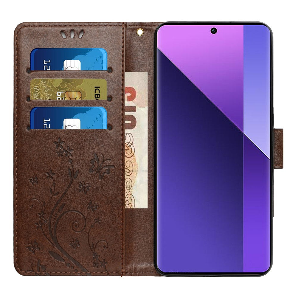 For Xiaomi Redmi Note 15 Pro 5G (Global) Leather Wallet Case Butterfly Flower Imprinted Phone Cover with Strap - Brown
