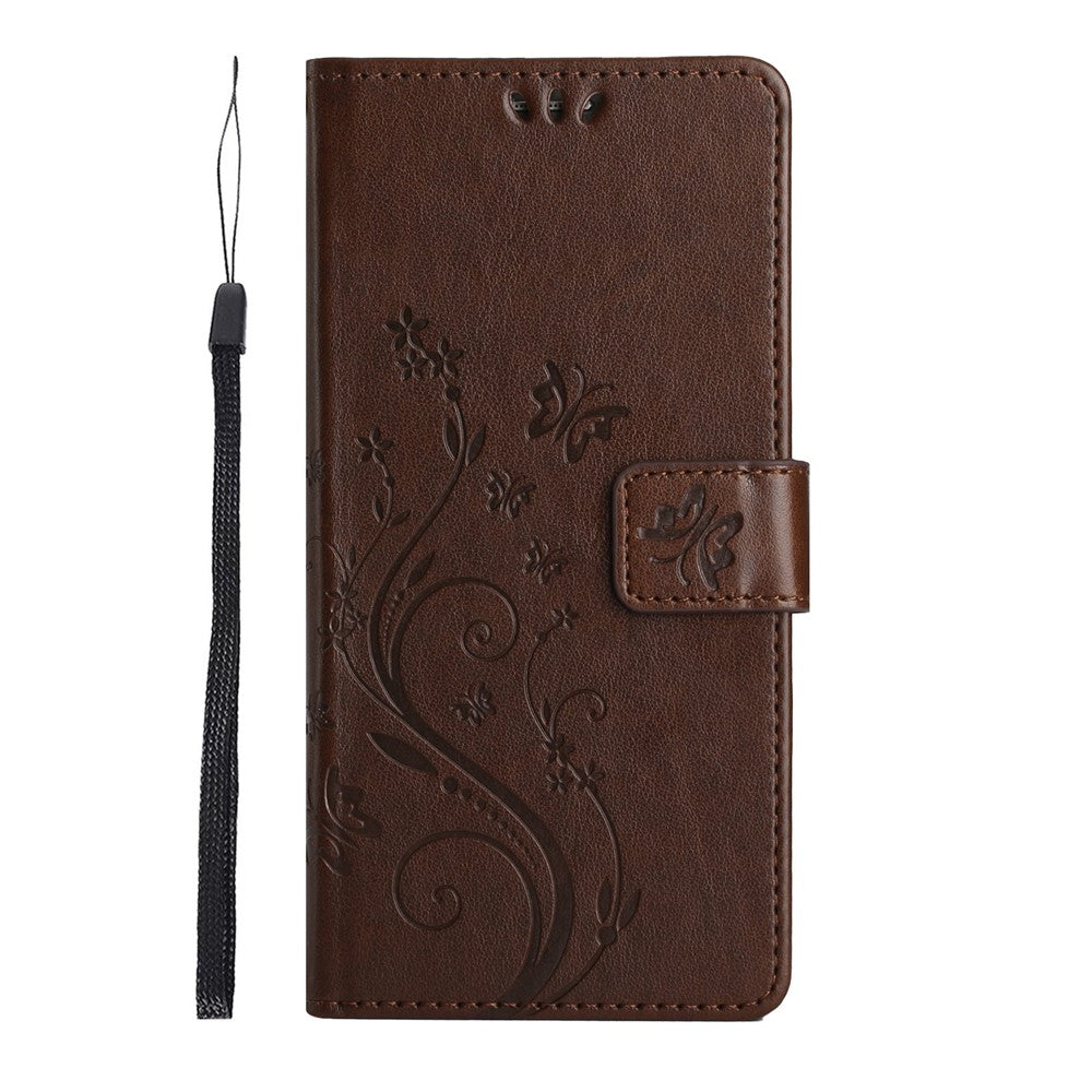 For Xiaomi Redmi Note 15 Pro 5G (Global) Leather Wallet Case Butterfly Flower Imprinted Phone Cover with Strap - Brown