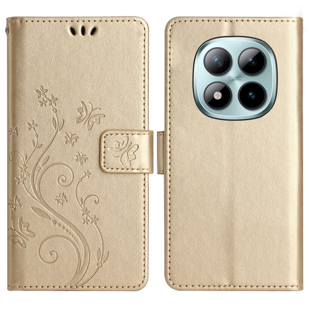 For Xiaomi Redmi Note 15 Pro 5G (Global) Leather Wallet Case Butterfly Flower Imprinted Phone Cover with Strap - Gold