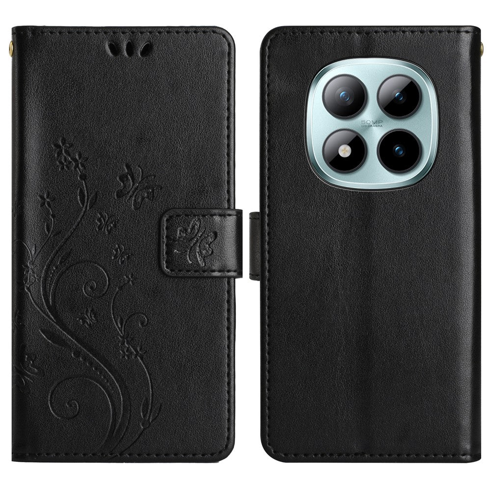 For Xiaomi Redmi Note 15 Pro 5G (Global) Leather Wallet Case Butterfly Flower Imprinted Phone Cover with Strap - Black