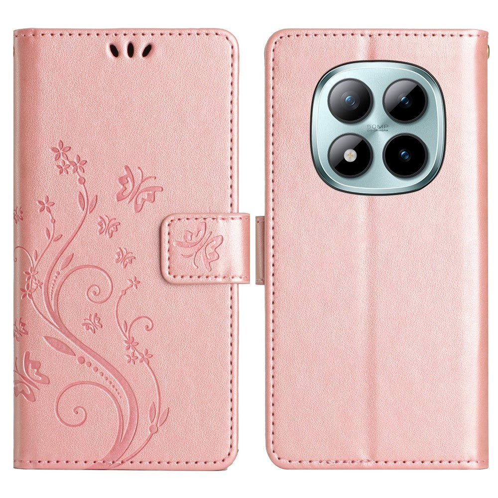 For Xiaomi Poco M8 Pro 5G / Redmi Note 15 Pro+ 5G (Global) Leather Wallet Case Butterfly Flower Imprinted Phone Cover with Strap - Rose Gold