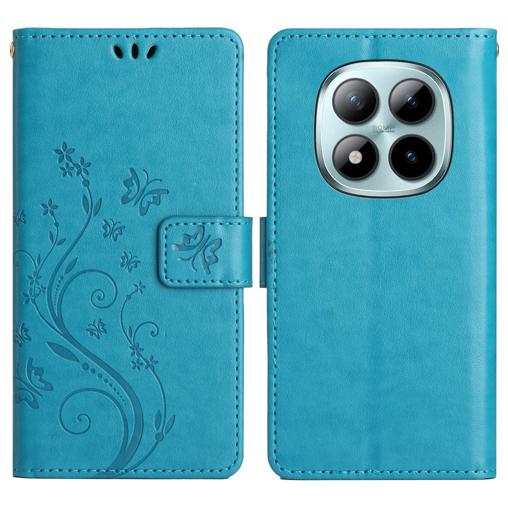 For Xiaomi Poco M8 Pro 5G / Redmi Note 15 Pro+ 5G (Global) Leather Wallet Case Butterfly Flower Imprinted Phone Cover with Strap - Blue
