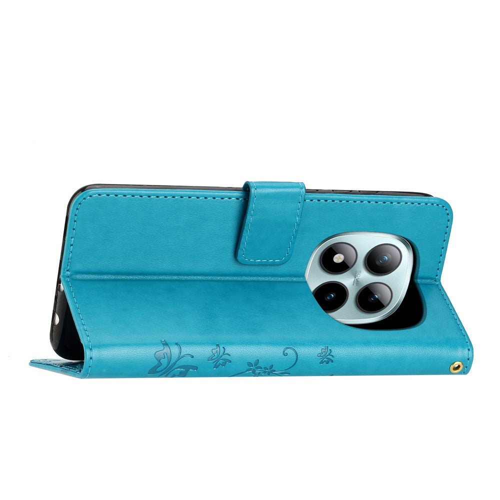 For Xiaomi Poco M8 Pro 5G / Redmi Note 15 Pro+ 5G (Global) Leather Wallet Case Butterfly Flower Imprinted Phone Cover with Strap - Blue