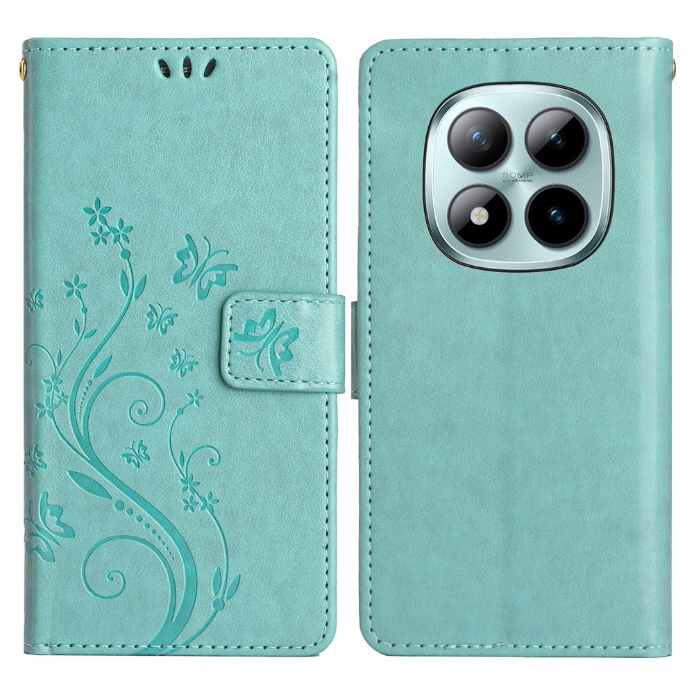 For Xiaomi Poco M8 Pro 5G / Redmi Note 15 Pro+ 5G (Global) Leather Wallet Case Butterfly Flower Imprinted Phone Cover with Strap - Green