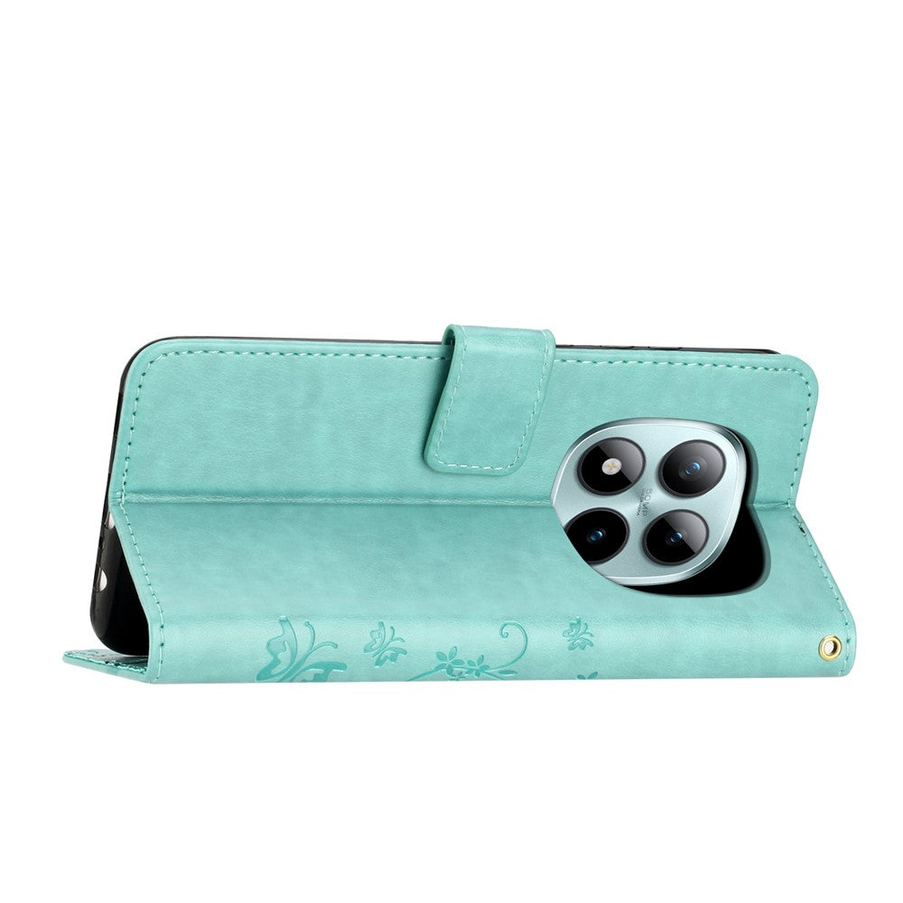 For Xiaomi Poco M8 Pro 5G / Redmi Note 15 Pro+ 5G (Global) Leather Wallet Case Butterfly Flower Imprinted Phone Cover with Strap - Green