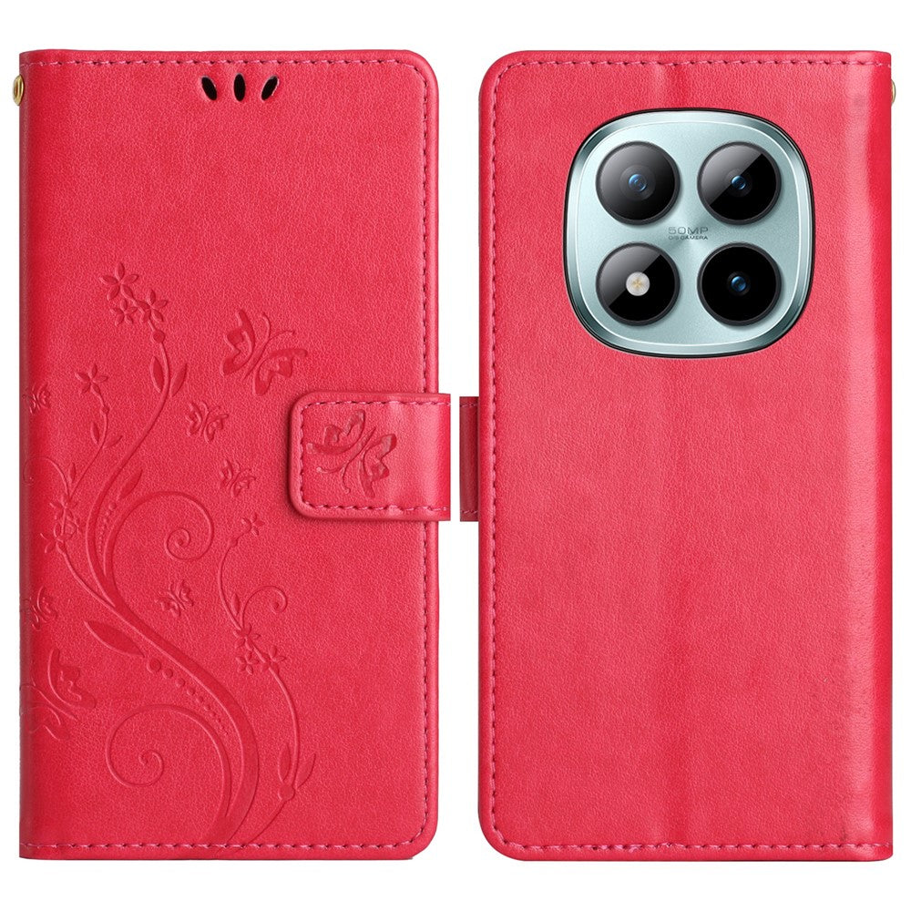 For Xiaomi Poco M8 Pro 5G / Redmi Note 15 Pro+ 5G (Global) Leather Wallet Case Butterfly Flower Imprinted Phone Cover with Strap - Red