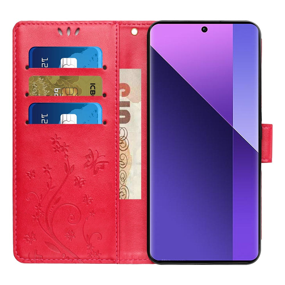 For Xiaomi Poco M8 Pro 5G / Redmi Note 15 Pro+ 5G (Global) Leather Wallet Case Butterfly Flower Imprinted Phone Cover with Strap - Red