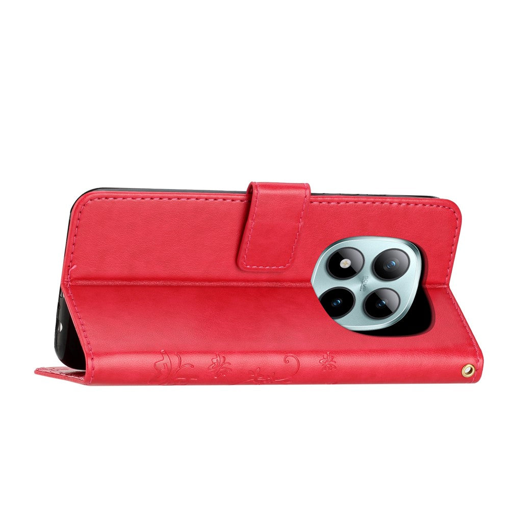 For Xiaomi Poco M8 Pro 5G / Redmi Note 15 Pro+ 5G (Global) Leather Wallet Case Butterfly Flower Imprinted Phone Cover with Strap - Red