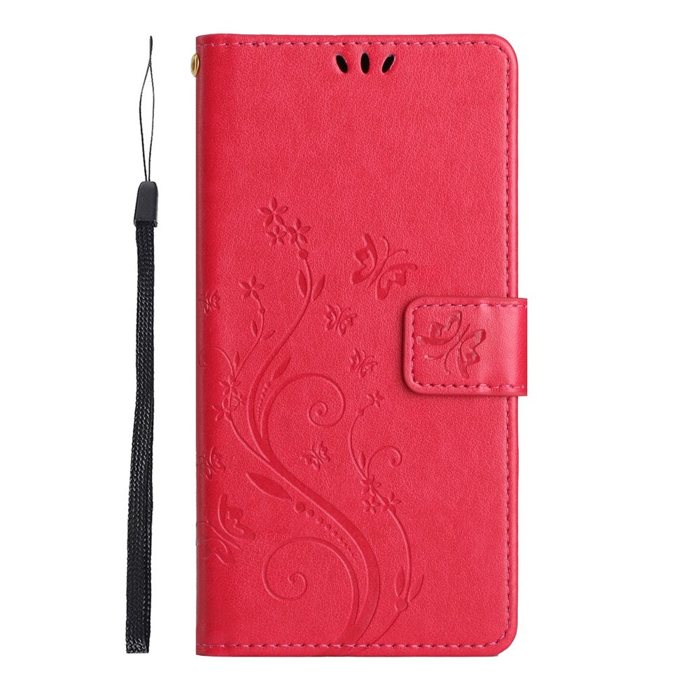 For Xiaomi Poco M8 Pro 5G / Redmi Note 15 Pro+ 5G (Global) Leather Wallet Case Butterfly Flower Imprinted Phone Cover with Strap - Red
