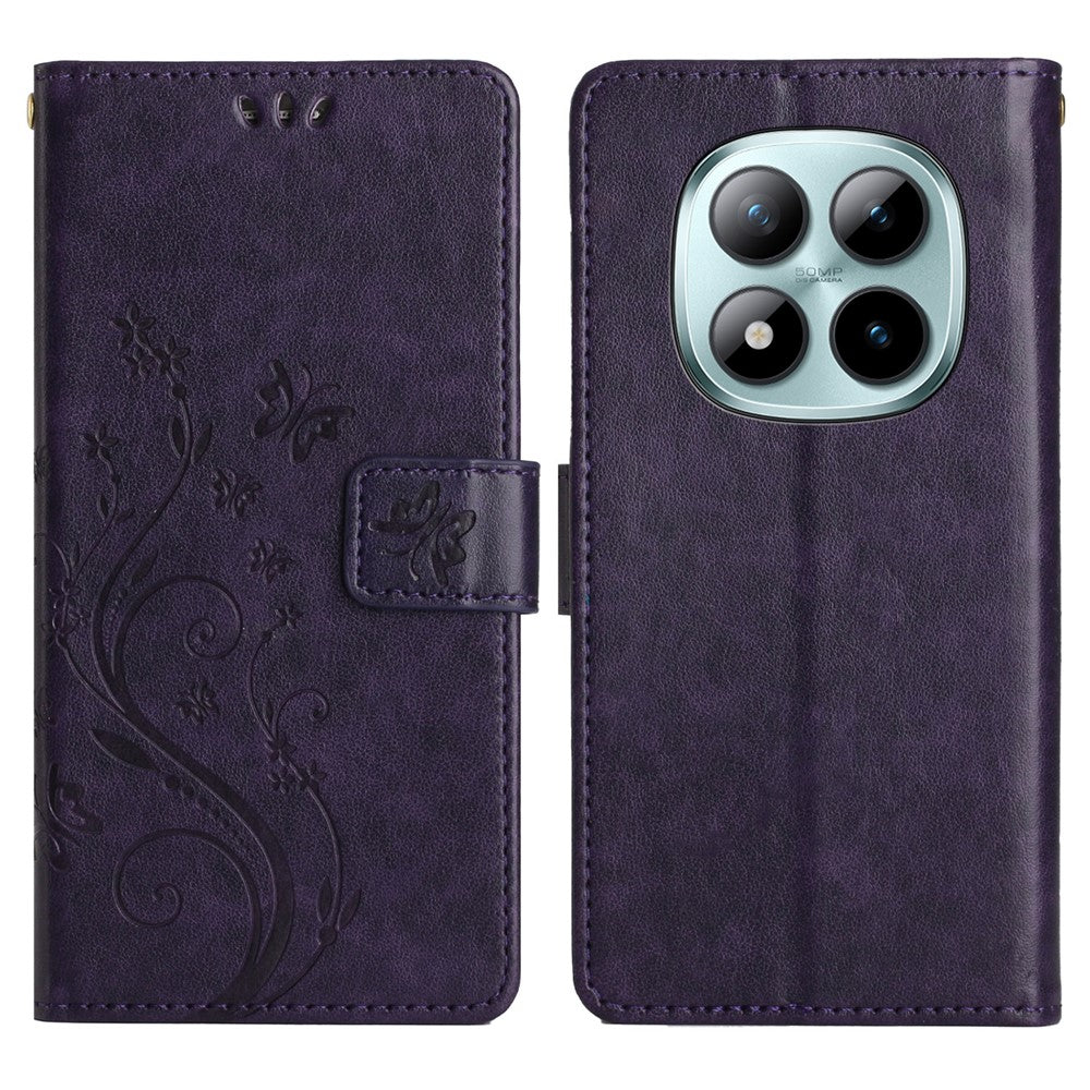 For Xiaomi Poco M8 Pro 5G / Redmi Note 15 Pro+ 5G (Global) Leather Wallet Case Butterfly Flower Imprinted Phone Cover with Strap - Dark Purple
