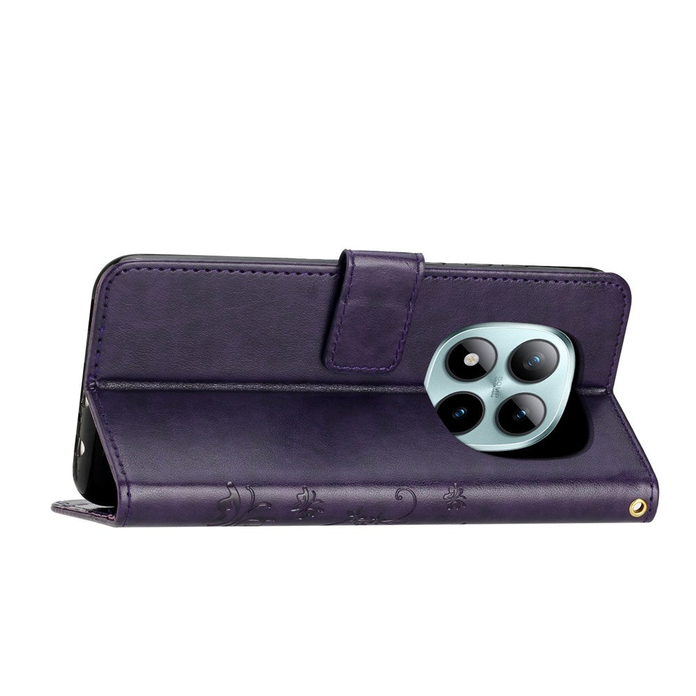 For Xiaomi Poco M8 Pro 5G / Redmi Note 15 Pro+ 5G (Global) Leather Wallet Case Butterfly Flower Imprinted Phone Cover with Strap - Dark Purple
