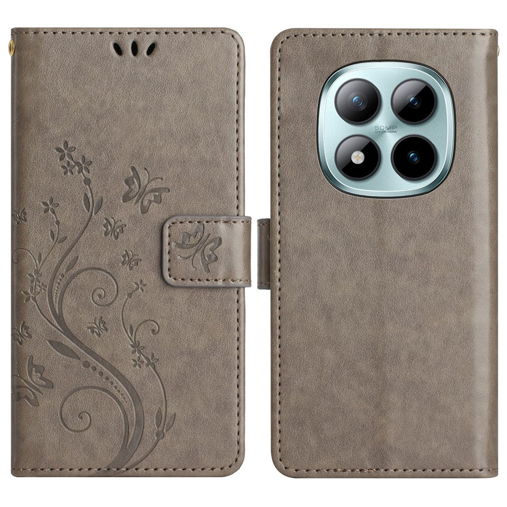For Xiaomi Poco M8 Pro 5G / Redmi Note 15 Pro+ 5G (Global) Leather Wallet Case Butterfly Flower Imprinted Phone Cover with Strap - Grey