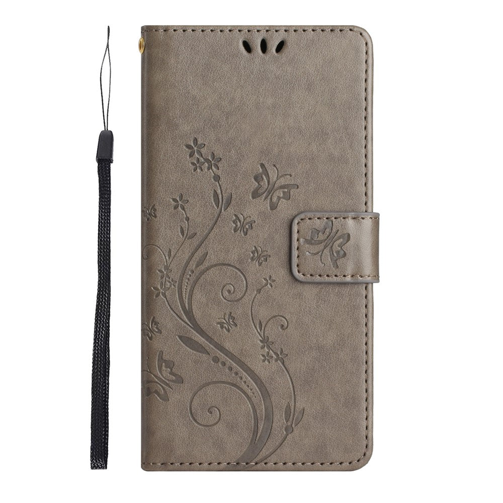 For Xiaomi Poco M8 Pro 5G / Redmi Note 15 Pro+ 5G (Global) Leather Wallet Case Butterfly Flower Imprinted Phone Cover with Strap - Grey