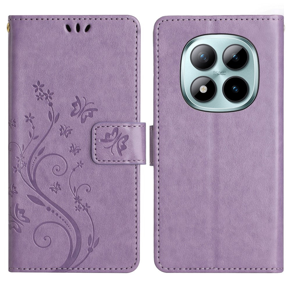 For Xiaomi Poco M8 Pro 5G / Redmi Note 15 Pro+ 5G (Global) Leather Wallet Case Butterfly Flower Imprinted Phone Cover with Strap - Light Purple