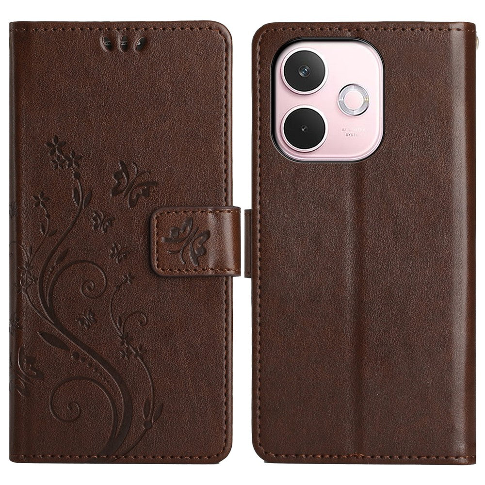 For Xiaomi Poco M8 Pro 5G / Redmi Note 15 Pro+ 5G (Global) Leather Wallet Case Butterfly Flower Imprinted Phone Cover with Strap - Brown