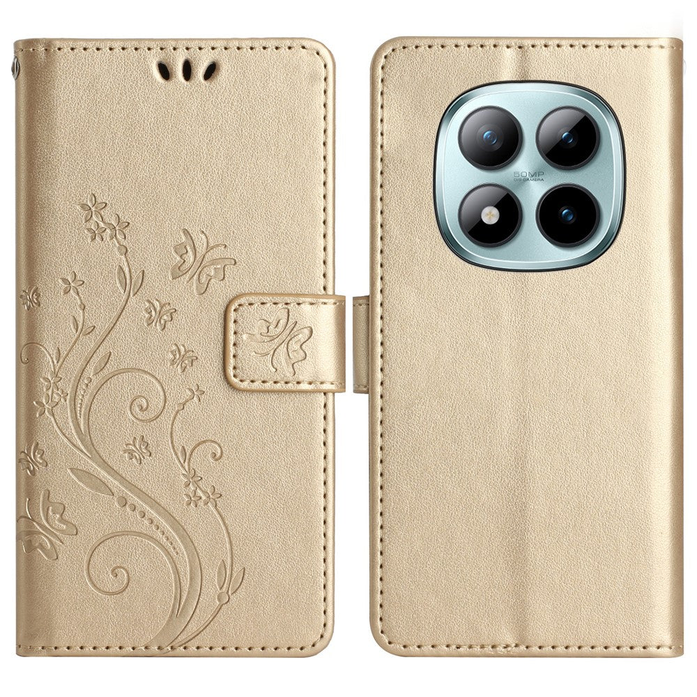 For Xiaomi Poco M8 Pro 5G / Redmi Note 15 Pro+ 5G (Global) Leather Wallet Case Butterfly Flower Imprinted Phone Cover with Strap - Gold