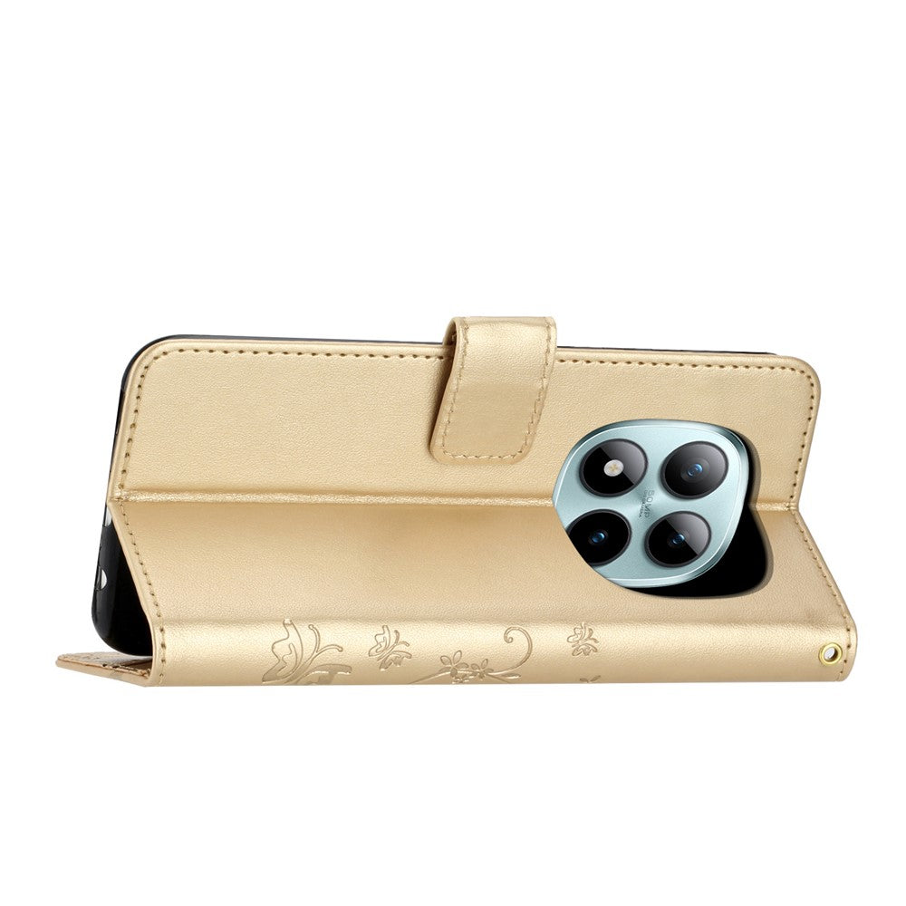 For Xiaomi Poco M8 Pro 5G / Redmi Note 15 Pro+ 5G (Global) Leather Wallet Case Butterfly Flower Imprinted Phone Cover with Strap - Gold