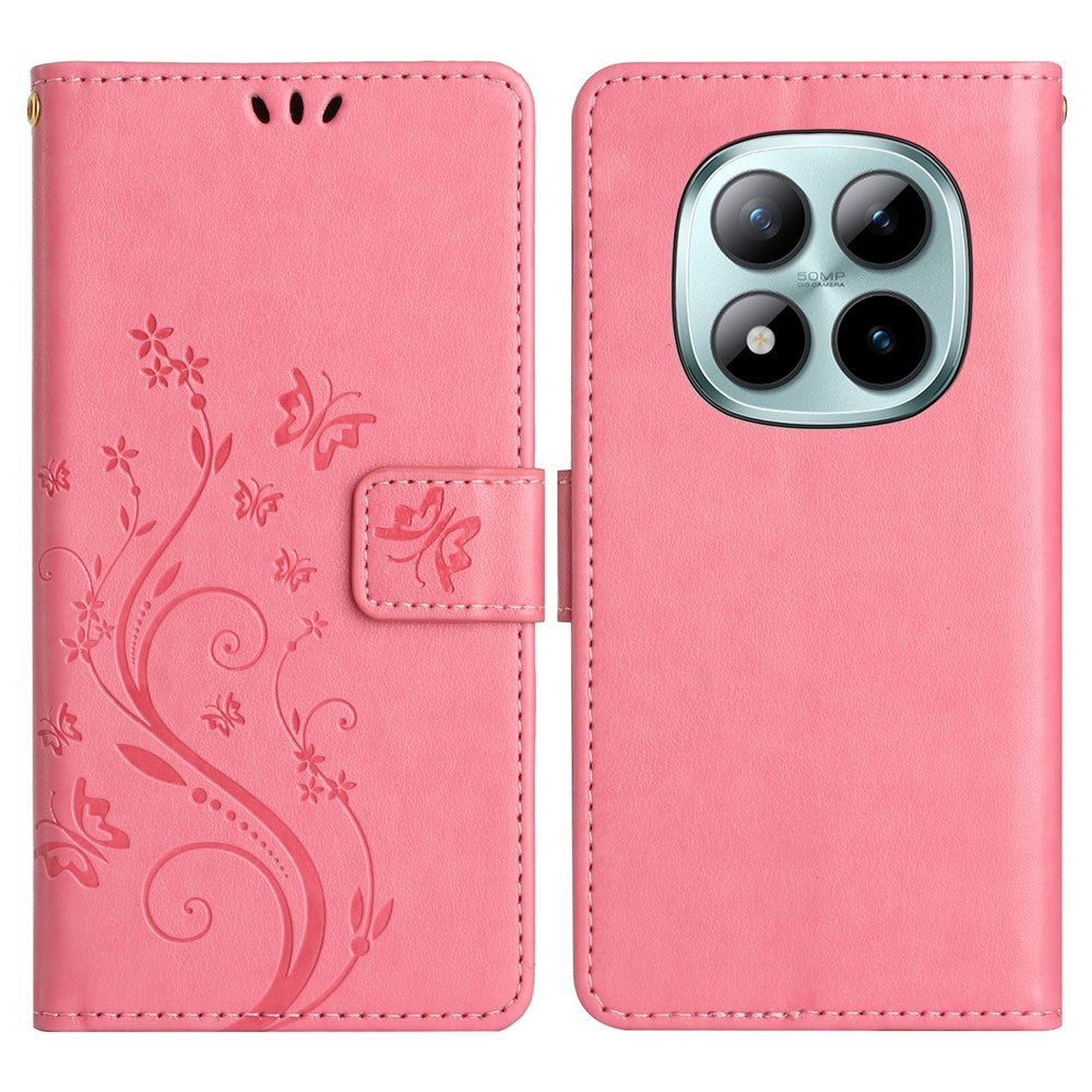For Xiaomi Poco M8 Pro 5G / Redmi Note 15 Pro+ 5G (Global) Leather Wallet Case Butterfly Flower Imprinted Phone Cover with Strap - Pink