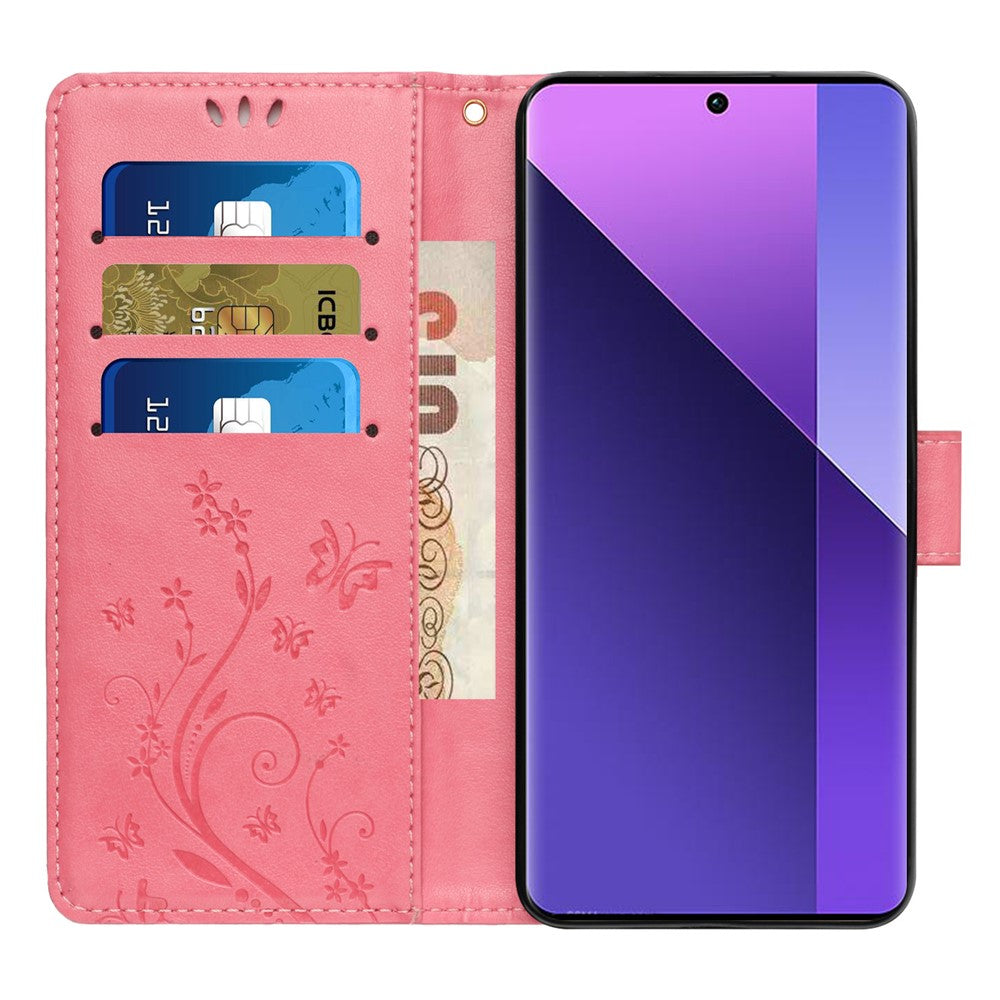 For Xiaomi Poco M8 Pro 5G / Redmi Note 15 Pro+ 5G (Global) Leather Wallet Case Butterfly Flower Imprinted Phone Cover with Strap - Pink