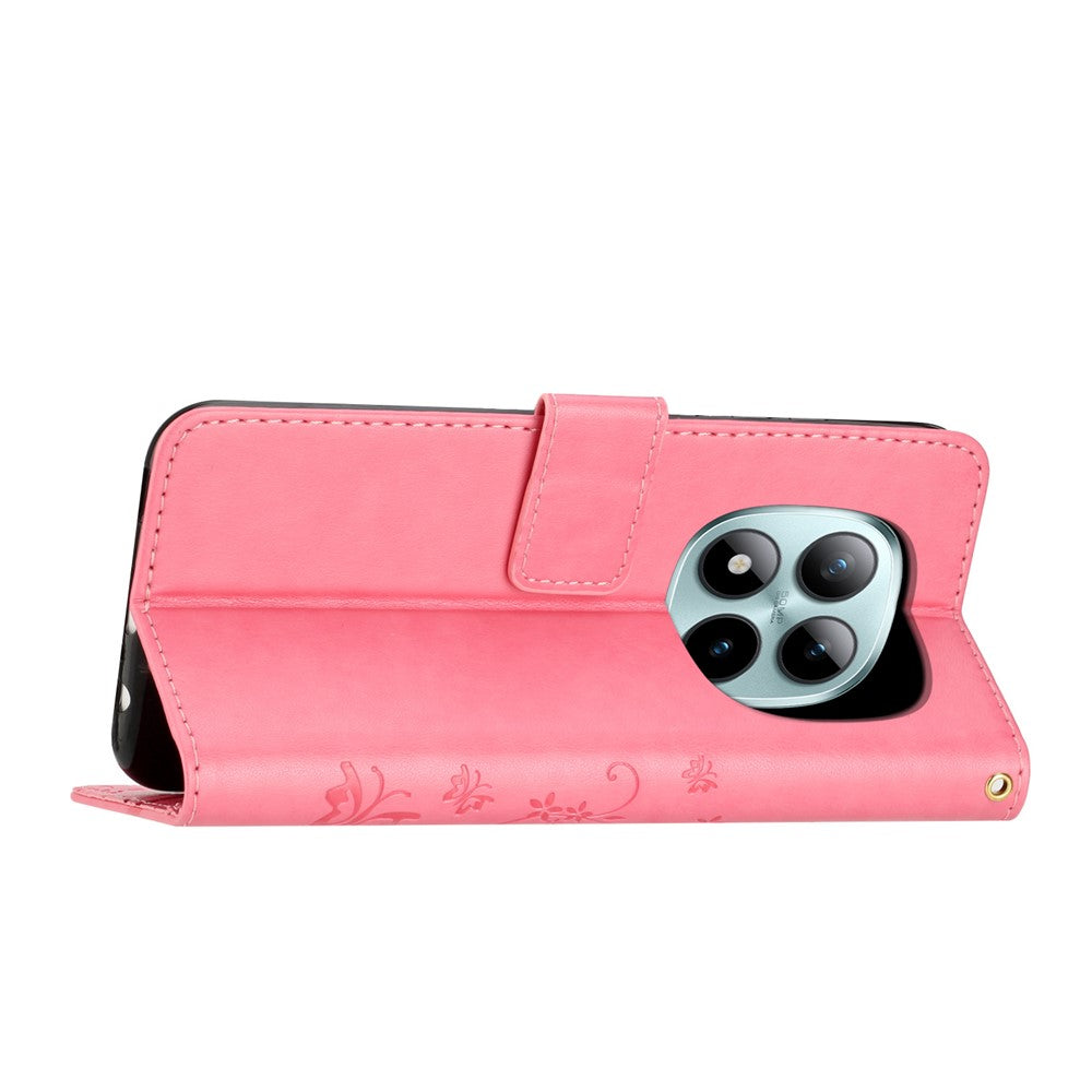 For Xiaomi Poco M8 Pro 5G / Redmi Note 15 Pro+ 5G (Global) Leather Wallet Case Butterfly Flower Imprinted Phone Cover with Strap - Pink
