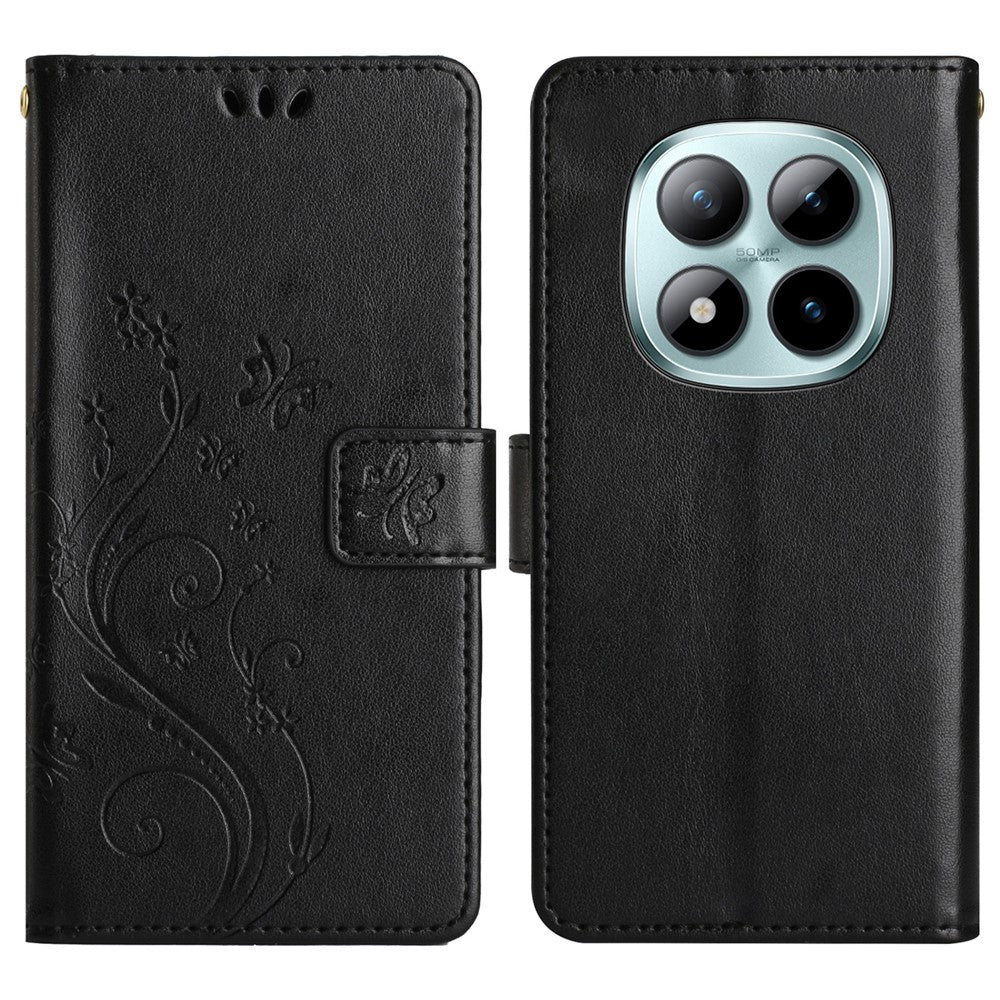 For Xiaomi Poco M8 Pro 5G / Redmi Note 15 Pro+ 5G (Global) Leather Wallet Case Butterfly Flower Imprinted Phone Cover with Strap - Black