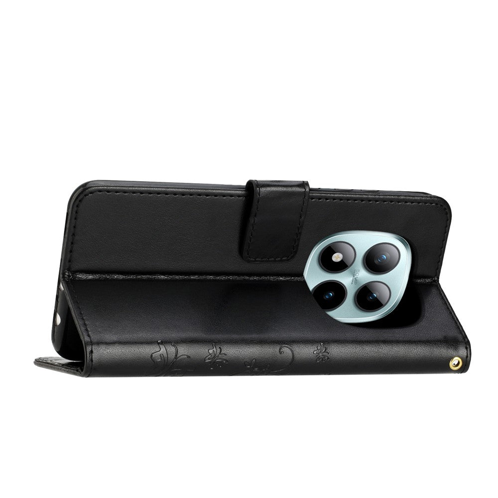 For Xiaomi Poco M8 Pro 5G / Redmi Note 15 Pro+ 5G (Global) Leather Wallet Case Butterfly Flower Imprinted Phone Cover with Strap - Black