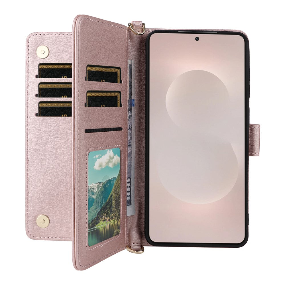 For-Samsung-Galaxy-S26-Edge-Case-with-Shoulder-/-Wrist-Strap-Leather-Phone-Cover-Stand-Wallet-Pink