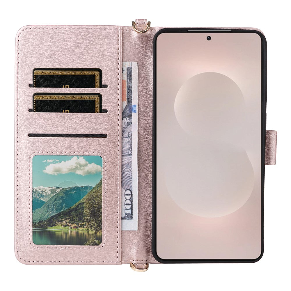 For-Samsung-Galaxy-S26-Edge-Case-with-Shoulder-/-Wrist-Strap-Leather-Phone-Cover-Stand-Wallet-Pink